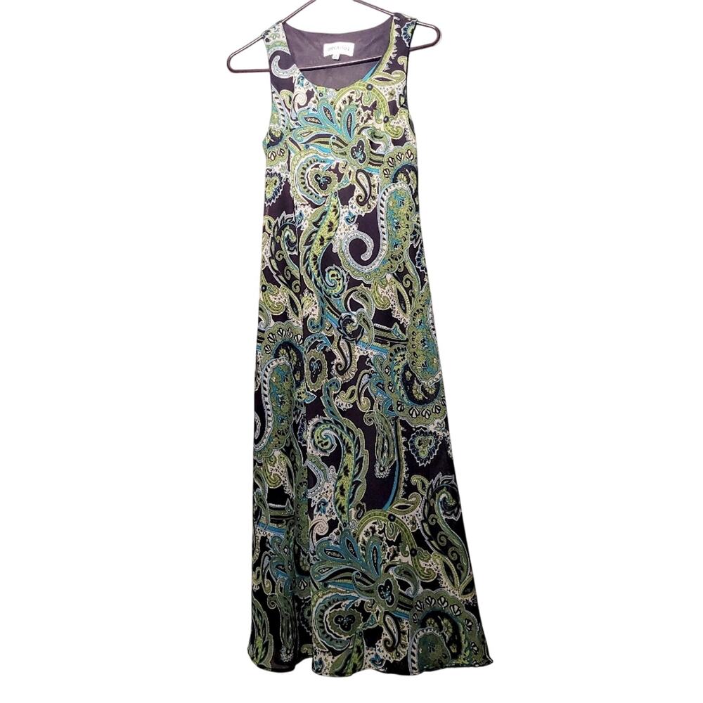 Vintage Y2K 90s Green Paisley Maxi Dress Sheer Lined Sleeveless Whimsigoth 8